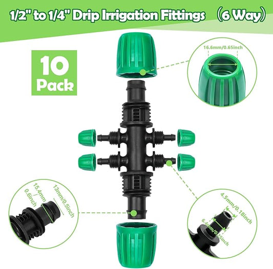 10 Pack 1/2 Inch To 1/4 Inch Drip Irrigation Fittings (1/2" ID x 0.65" OD), Drip Line Irrigation Locked Barbed 1/2" To 1/4" Adapter Anti Leak Irrigation System 1/2 In. To 1/4 In. Reducing Tee