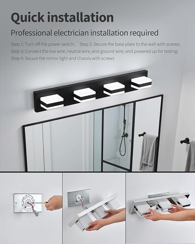 Bathroom Lighting Fixtures Over Mirror, 4 Light Bathroom Vanity Light Fixtures with Cool White 5000K, Matte Black LED Modern Vanity Wall Lights for Bath, Dressing Room, Restroom, 29.5 inch