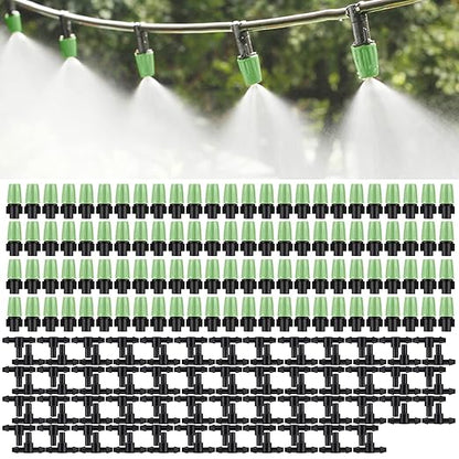 MSDADA 100pcs Micro Spray Adjustable Flow Irrigation Drippers, Garden Adjustable Sprinkler drip Irrigation Mister Heads with 3 Tee Irrigation Misting Drip Kit(Green)