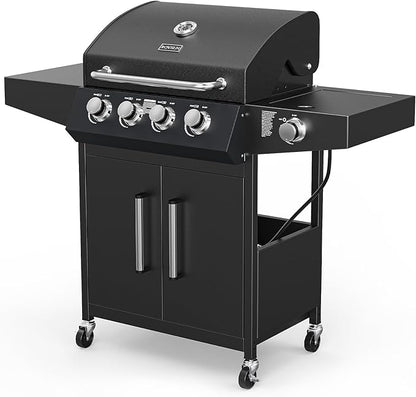 ROVSUN 4-Burner Propane Gas BBQ Grill with Side Burner & Enameled Cast Iron Grates, 58,000 BTU Barbecue Grill with Wheels for Outdoor Patio Backyard Cooking Grilling, Black