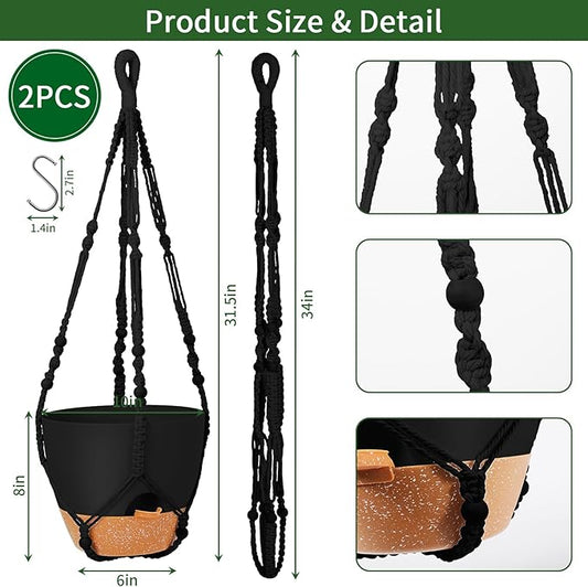GARDIFE 10 Inch Hanging Planters with Macrame Plant Hanger for Indoor and Outdoor Plants, 2 Pack Large Self Watering Hanging Plant Pot with Basket Flower Pot with Drainage Hole, Black