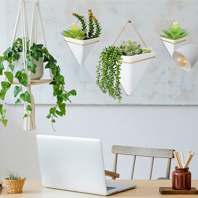 Rtteri 15 Pcs Hanging Artificial Succulents Plants for Indoor Fake Wall Planter with Faux Plants Geometric Vase Pot (8.2/5.9/4 Inch Size) Ceramic Holder and Mini Fake Succulent for Home Office(White)