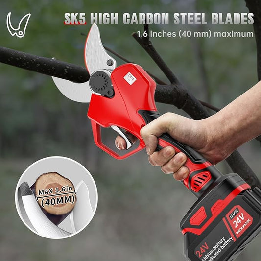 Professional Cordless Electric Pruning Shears, Cutting (40MM)1.6inch Diameter Professional Heavy Duty Garden Pruner,2pcs 4AH Rechargeable 24V Lithium Battery -2 Set Blades