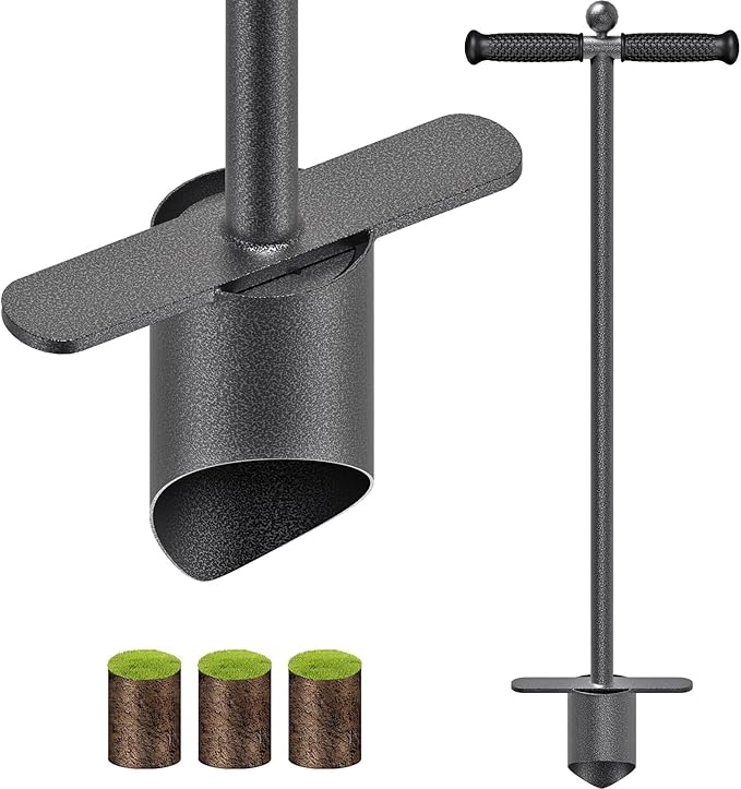 BeneLabel Hand Held Grass Plugger Tool with Push Pull Long Handle Lawn Plug Tool with Soft Rubber Grip Garden Bulb Planter for Digging Holes, Planting, Lawn Repair and Transplant Seedling