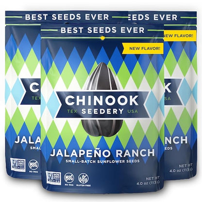 Chinook Seedery Roasted Sunflower Seeds - Jumbo Seeds Keto Snacks - Best For Snack Packs - Gluten Free, Non GMO Snack Food Gifts - 4 Ounce (Pack of 3) - Jalapeno Ranch Flavor Pack