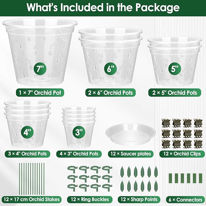 12 Pack Plastic Orchid Pots with Holes,5 Sizes 3, 4, 5, 6,7 Inch Clear Orchid Pots for Repotting with Saucers Drainage and Plant Stakes, Large Small Breathable Orchids Planter Plant Pot