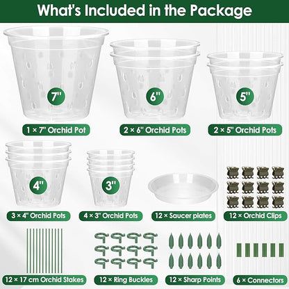 12 Pack Plastic Orchid Pots with Holes,5 Sizes 3, 4, 5, 6,7 Inch Clear Orchid Pots for Repotting with Saucers Drainage and Plant Stakes, Large Small Breathable Orchids Planter Plant Pot