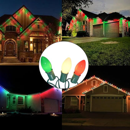SUNSGNE C9 Christmas String Lights, 25 Feet Vintage Christmas Tree Lights with 26 7W Red Green White Glass Bulbs(1 Spare) for Patio Balcony Xmas Decor, Green Wire