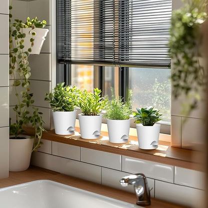 4 inch Self Watering Pots for Indoor Outdoor Plants, 6 Pack Plastic Flower Planters with Drainage Holes and Removable Saucers, Plant Pots with Wicking Rope, Modern Decor, White