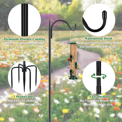 FEED GARDEN Adjustable Outdoor Shepherd Hook Bird Feeder Pole with 5 Prongs Base, 60 Inch Tall 5/8 Inch Thick, Heavy Duty Shepard Hook Stand for Hanging Bird Feeders, Plant Baskets, Black (1 Pack)