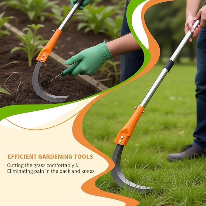 Weeding Sickle, Stainless Steel Long-Handled Lightweight Sickle, Serrated Double-Edged Steel Grass Sickle, Extended Upright Weeding Scythe, for Garden Yard Gardening Pruning