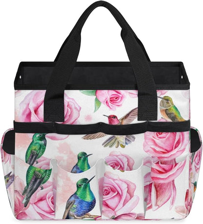 Hummingbird Flower Rose Garden Tool Bag Waterproof Gardening Tool Storage Bag with Handle & 10 Pockets Gardening Tote Bag for Women Garden Tool Organizer
