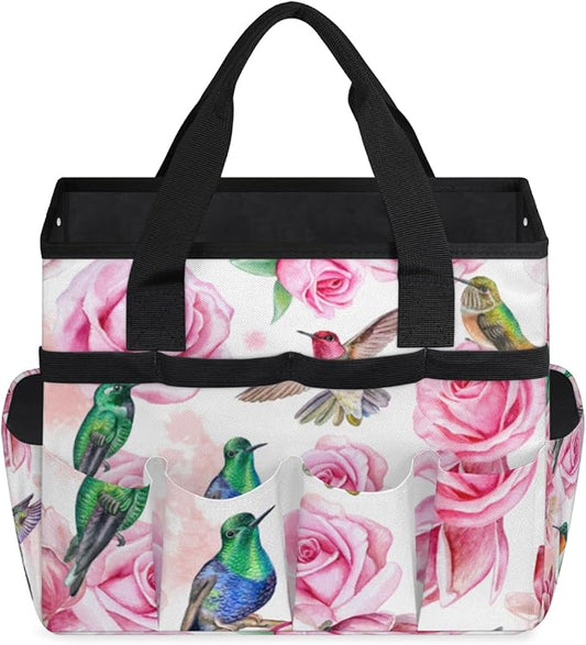 Hummingbird Flower Rose Garden Tool Bag Waterproof Gardening Tool Storage Bag with Handle & 10 Pockets Gardening Tote Bag for Women Garden Tool Organizer