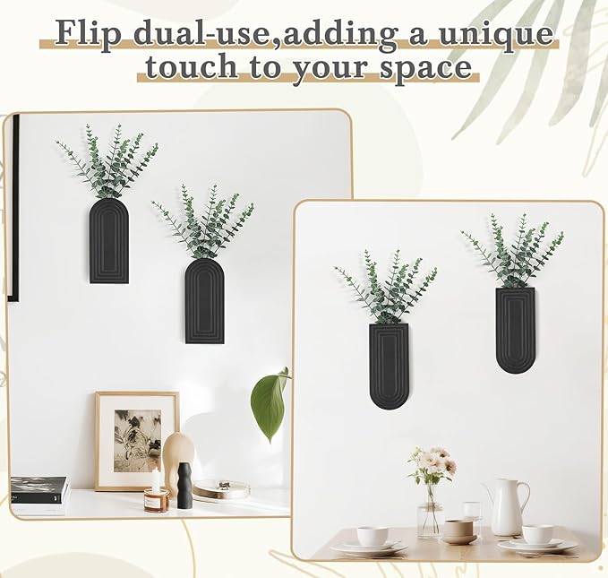 Dahey Wood Wall Planter Vase with Artificial Eucalyptus, 2 Pack Hanging Planter for Indoor Fake Plants Modern Boho Farmhouse Wall Art Decor for Bathroom Bedroom Kitchen Office Home Decoration, Black