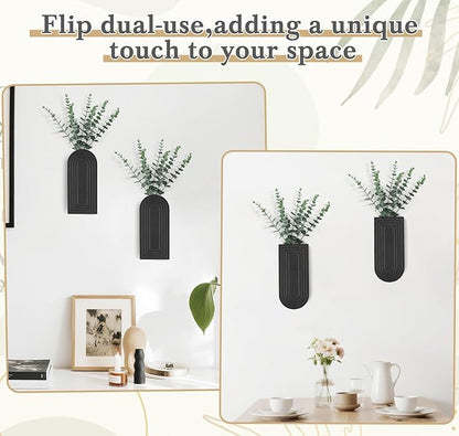 Dahey Wood Wall Planter Vase with Artificial Eucalyptus, 2 Pack Hanging Planter for Indoor Fake Plants Modern Boho Farmhouse Wall Art Decor for Bathroom Bedroom Kitchen Office Home Decoration, Black