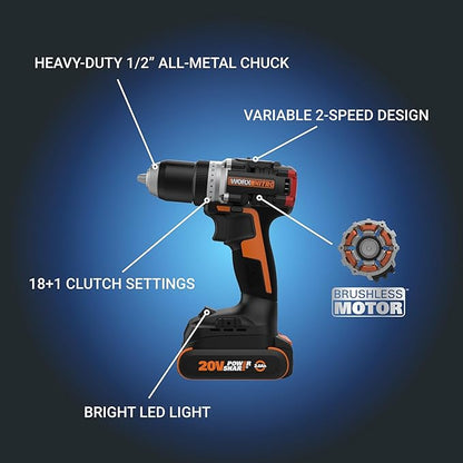 Worx Nitro 20V Cordless 1/2" Drill Driver With Brushless Motor - Compact & Lightweight Set Only 6" and 3 lbs. - Power Share Compatible WX130L - Batteries & Charger Included, Black