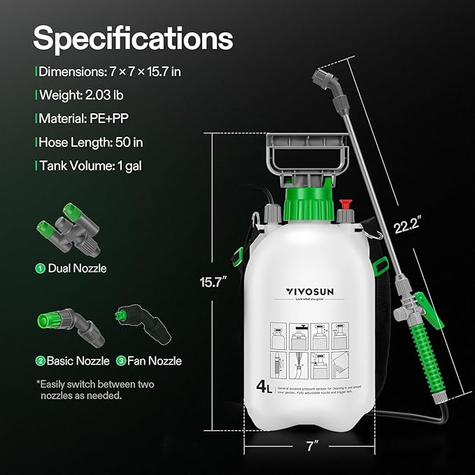 VIVOSUN 1 Gal/4L Pump Sprayer, Garden Water Sprayer for Plants, Weeds & Lawn Care, with 3 Nozzles, 50'' Long Hose & Pressure Relief Valve