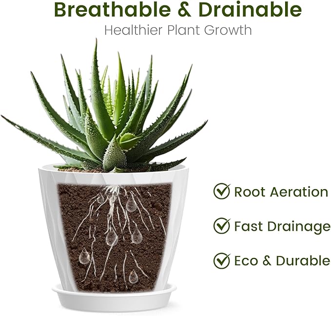 4 Inch Small Pots for Plants, 6 Pack Waffle Texture Small Plant Pots for Succulents, Plastic Planter with Drainage Holes and Saucers for Indoor Outdoor Plants, Flowers, Herbs, Seedlings, White