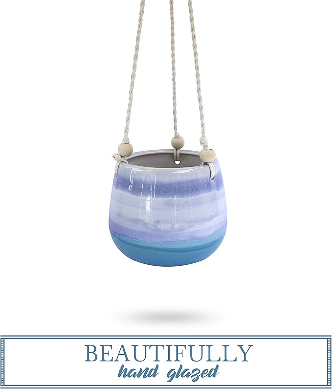 23 Bees Ceramic Hanging Planter | Blue Succulent Pots | Round Plant Holder Container | Cactus Pot with Cotton Rope Hanger | Indoor Outdoor Decor (1 Pack x Blue Horizon)