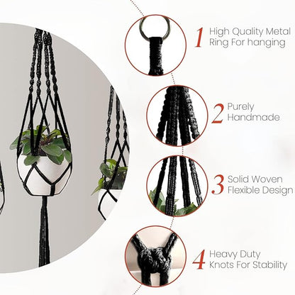 Feedee Macrame Plant Hangers - 6 Pack, Black, Indoor/Outdoor, Cotton