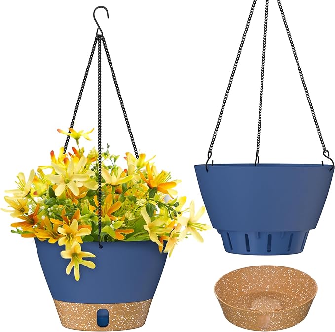 ZMTECH 2 Pack 10 Inch Hanging Planters for Outdoor Plants, Hanging Pots for Plants Indoor with Visible Water Level, Hanging Flower Basket with Drainage Holes & Removable Tray(Blue)