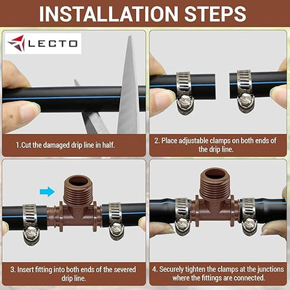 LECTO 1/2" MPT Drip Irrigation Tee Adapter – Fits 1/2" & 5/8" Drip Tubing, Barbed Tee Connector with Stainless Steel Clamps, UV-Resistant (3 Pack)