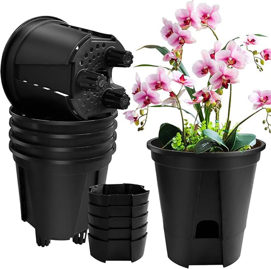 Cdd's Path 5-Pack 6 Inch Self Watering Pots Set with Holes for Indoor/Outdoor Plants,Planter Pot with Watering Hole/Reservoir and Air Pipes,Black