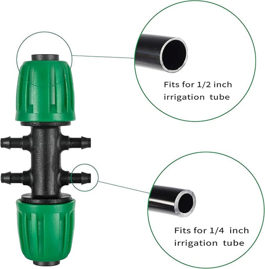 10 Pcs 1/2" to 1/4" Barbed Tee Connector, 1/2 Inch to 1/4 Inch Drip Irrigation Fittings Drip Line Reducer Tee Connectors 1/2" to 1/4" 6-Way Splitter Connectors for Garden Drip Irrigation System