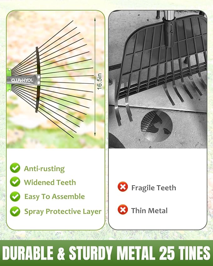 Joyhalo 63.4 Inch Rake for Leaves with 40 Gallon Dustpan-Typ Leaf Bags, Adjustable 18 Tines Metal Leaf Rake Set for Gardening Lawns Yard Outdoor Camping Shrub Grass Bush Grass Clippings