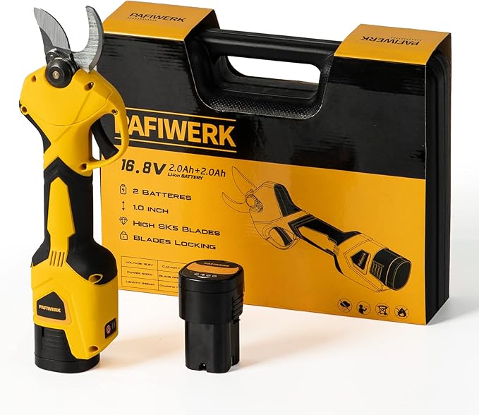 Electric Pruning Shears, Cordless Battery-Powered Pruner with SK5 Blades, 25mm Cutting Diameter, 2 x 16.8V Rechargeable Lithium Batteries, Professional Tool for Tree Trimming and Branch Cutting.