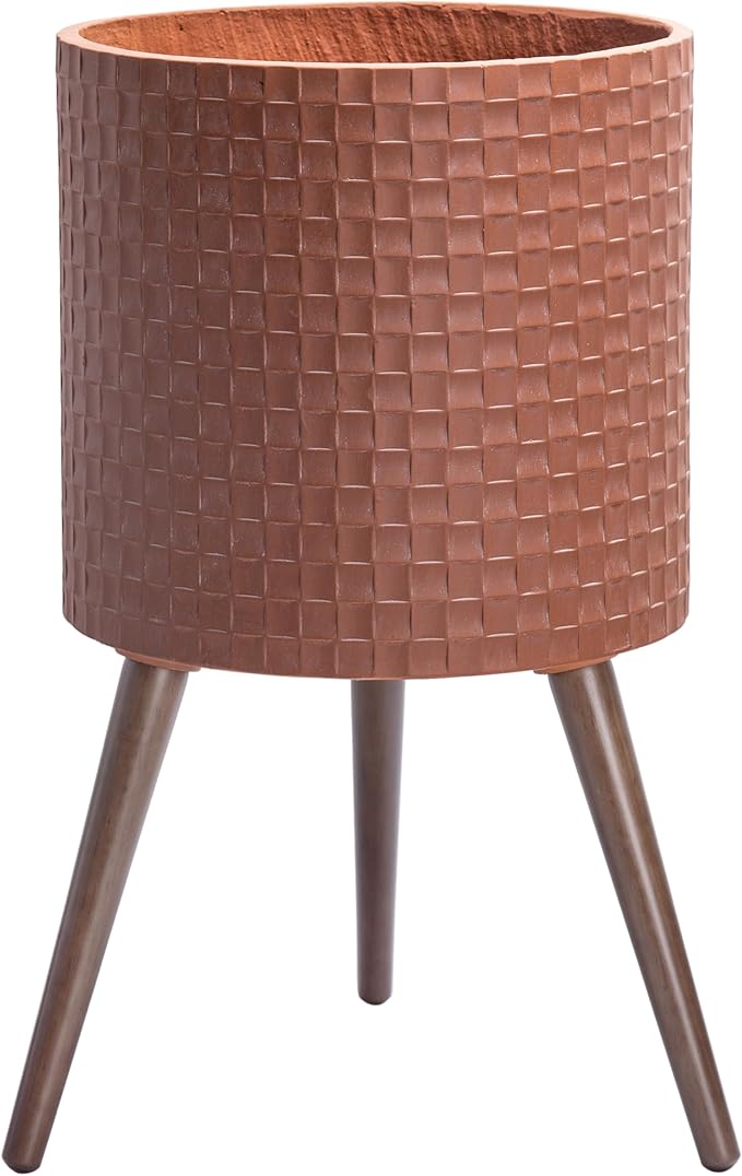 D'vine Dev 14 Inch Modern Geometric Tile Patterned Sleek Planter Pot with Stand, Indoor Outdoor Decorative Plant Holder, Terra Cotta, 88-Z-D-3