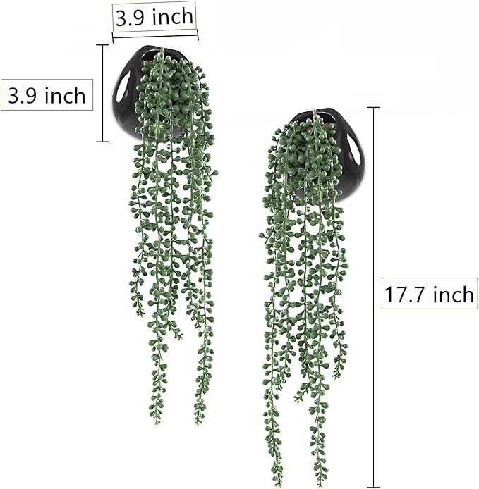 Tiita Artificial Hanging Plants, Faux Succulents in Pots, Realistic String of Pearls Plants for Home Office Accessories Window Sill Bathroom Bedroom Fake in Black Ceramic Pots, Set of 2