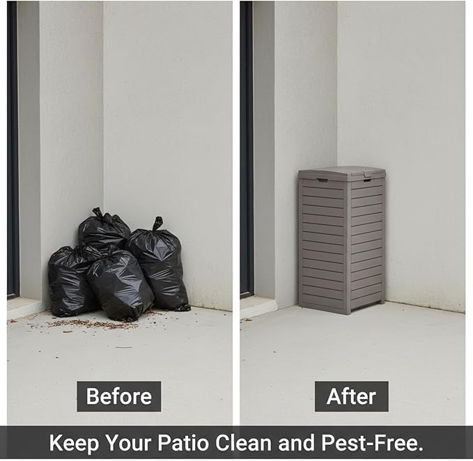 31 Gallon Resin Trash Can Cabinet with Lid & Drip Tray - Waterproof Outdoor Garbage Bin for Patio, Kitchen, Yard, and Entertaining Areas - Easy Assembly, No Tools Required