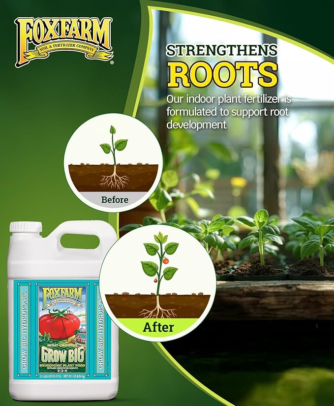 FoxFarm Grow Big Hydro Liquid Fertilizer, Plant Food with Micro Nutrients for Hydroponic Systems - Enhances Vegetative Growth, Flowering, and Fruiting - pH Adjustable, NPK 3-2-6 (2.5 Gallons)