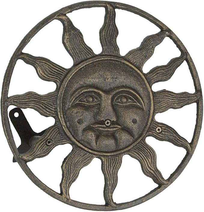 Bronze Finish Cast Iron Sun Face Garden Hose Holder - 12 Inches in Diameter - Decorative Wall-Mounted Outdoor Hanger for Organized and Stylish Outdoor Spaces