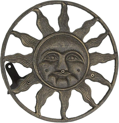 Bronze Finish Cast Iron Sun Face Garden Hose Holder - 12 Inches in Diameter - Decorative Wall-Mounted Outdoor Hanger for Organized and Stylish Outdoor Spaces
