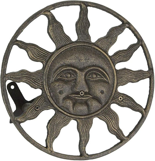 Bronze Finish Cast Iron Sun Face Garden Hose Holder - 12 Inches in Diameter - Decorative Wall-Mounted Outdoor Hanger for Organized and Stylish Outdoor Spaces