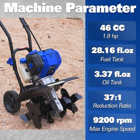 BILT HARD 46cc 4-Cycle 1.9HP Gas Powered Tiller Cultivator - 16" Heavy-Duty Steel Tines Rototiller, Adjustable Wheels & Cushioned Handle Grips for Plowing, Tilling, Weeding in Garden, Farm