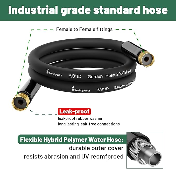 Short Garden Hose 10 ft x 5/8" Female to Female Hose Adapter, Heavy Duty Small Water Hose Extend Connector, Leak-Free Connections Hybrid Rubber Leader Hose with 3/4" Double GHT Fittings, BT10FF, Black