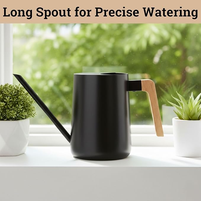 35 Ounce Metal Small Indoor Watering Can with Long Spout & Real Wood Handle for House Plants, Succulents, Cacti & Seedlings - Black Long Spout Watering Can Indoor Plants - Gentle Flow & No Spills