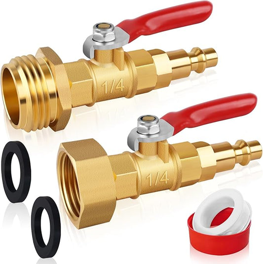 FANOVO RV Winterize Blowout Adapters, 3/4'' GHT Male & Female Brass Winterizing Plugs, Air Compressor Sprinkler Blow-out Fitting Connector with Shut off Valve, for Camper,Boat,Garden Faucet Marine