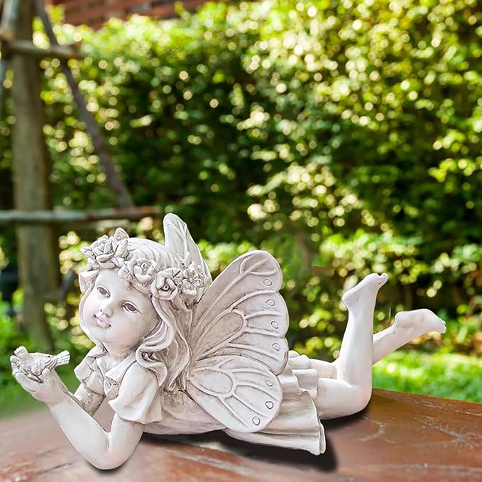 Resin Fairy Statue Holding Bird – Outdoor Garden Fairy Figurine for Yard, Patio or Lawn, Whimsical Fairy Garden Decor for Outside 11” L