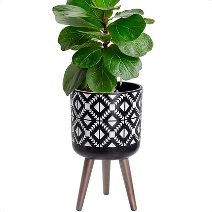 D'vine Dev 10 Inch Planter Pot with Stand, Mid-Century Tall Plant Pot with Legs for Indoor Plants, White/Black, 88-G-B-4