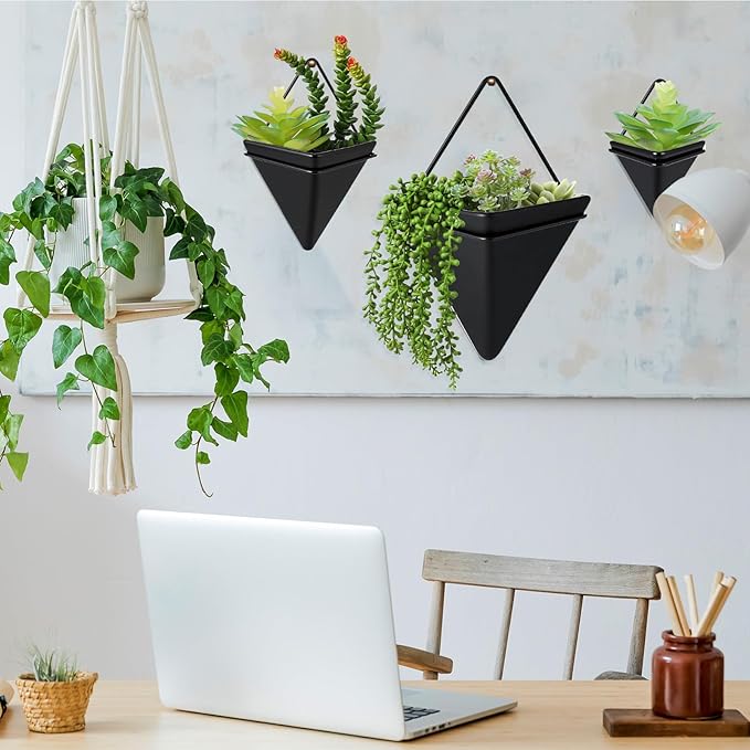 Rtteri 15 Pcs Hanging Artificial Succulents Plants for Indoor Fake Wall Planter with Faux Plants Geometric Vase Pot (8.2/5.9/4 Inch Size) Ceramic Holder and Mini Fake Succulent(Succulents,Black)