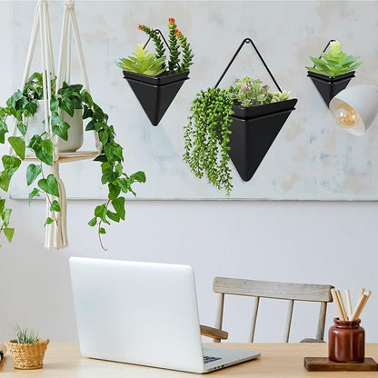 Rtteri 15 Pcs Hanging Artificial Succulents Plants for Indoor Fake Wall Planter with Faux Plants Geometric Vase Pot (8.2/5.9/4 Inch Size) Ceramic Holder and Mini Fake Succulent(Succulents,Black)