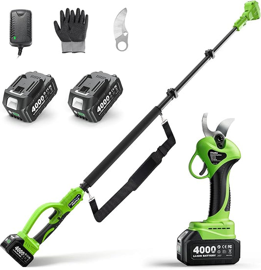 2-in-1 Electric Pruning Shears Cordless: 1.2" Cutting Diameter Pole Pruner - 2 Pcs 4.0Ah Batteries, 9ft Telescopic Pole, Extra SK5 Blade, 3 Cutting Modes Brushless Tree Pruner for Gardening