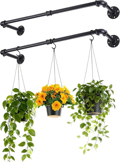 Bigmeta 34in Hanging Planters Rod for Indoor Plants - Max. Load 44 lb Black Metal Holder Rod for Wall Ceiling Decor, 2 Pcs (Pot Chain & Plants Not Included)