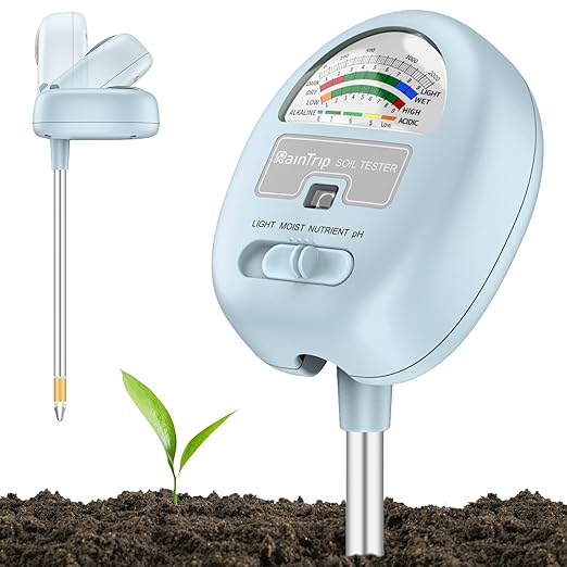 4-in-1 Soil Moisture Meter, Moisture Meter for Plants, Soil Ph Meter, Tester for Moist, Light, Nutrients, pH, Great for Garden, Lawn, Farm, Indoor & Outdoor Use，No Battery Required, Blue