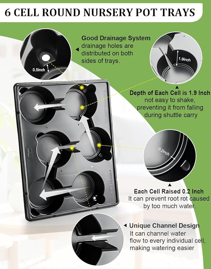 6 Inch Plastic Plant Pots 30 Pack and 6 Cell Nursery Pots Trays 5 Pack, Sturdy Seeds Starting Germination Shuttle Carrying Trays, Black Nursery Planting Propagation 5 Sets