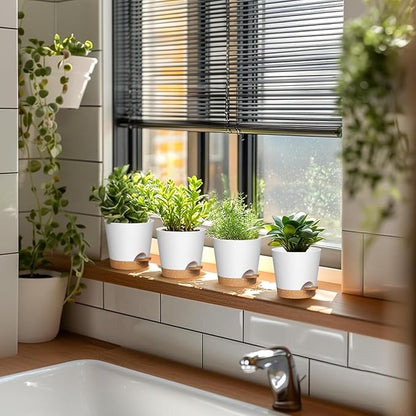 4 inch Self Watering Pots for Indoor Outdoor Plants, 6 Pack Plastic Flower Planters with Drainage Holes and Removable Saucers, Plant Pots with Wicking Rope, Modern Decor, White Brown